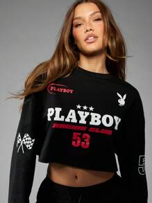 Missguided x Playboy 赛车俱乐部长袖短款 T 恤复古汽车俱乐部衬衫，带有赛车旗帜复古风格格子旗设计编号 53 秋冬街头服饰 - 黑色 - 查看 4