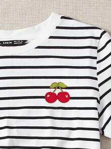 SHEIN EZwear 休闲简约黑白条纹印花樱桃刺绣图案圆领宽松女式T恤 - 彩色 - 查看 3