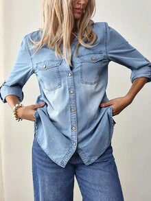EMERY ROSE 女士 V 领单排扣下摆袖口休闲牛仔衬衫 - 淺色水洗藍 - 查看 1