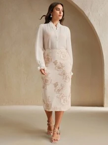 Anewsta Váy thêu hoa cao cấp thanh lịch cỡ lớn - Màu be - Xem 7