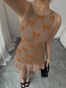 Elenzga Unique Design Sleeveless Bow Ruffle Hem Women Sweater Dress - Multicolor - View 4