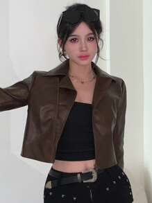 DAZY Women's Loose Casual Short PU Jacket, Street Style For Autumn & Winter,Fall Women Clothes