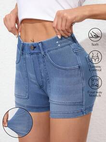 SHEIN EZwear Damen anliegende Denim-Shorts mit Taschen, lässiges und vielseitiges Strickmaterial - Blau - Übersicht 1