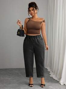 Elenzga Plus Size Simple Solid Color Casual Denim Jeans, Everyday Wear - Dark Grey - View 5