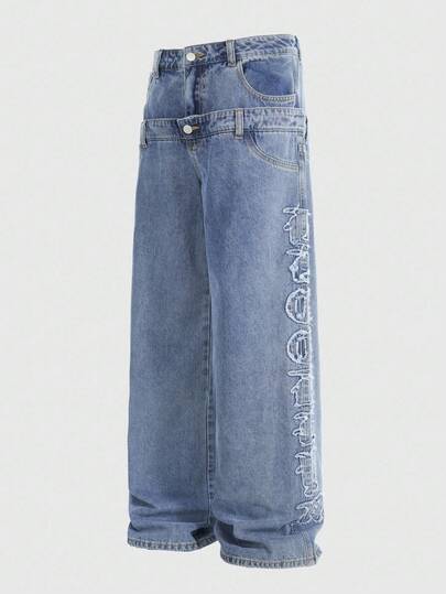 Street Life Men's Casual Washed Distressed Letter Dual Waistband Denim Jeans