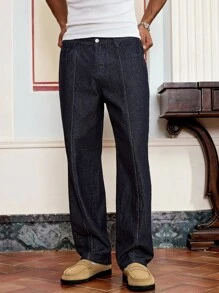 SWAVVY 男士修身休闲长款直筒牛仔裤 - 深色水洗藍 - 查看 4