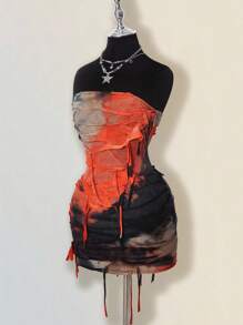 SHEIN ICON Robe moulante mini dos nu avec effet tie-dye contrastant orange et noir pour femmes