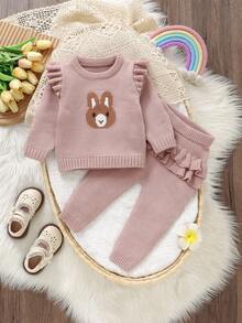 SHEIN 2pcs/Set Toddler Girls' Pink Sweater Set, Bunny Jacquard Knit Top With Flutter Sleeve + Ruffle Hem Pants, Cute Outfit Baby Girl Sweater Sets Toddler Girl Two Pieces Winter Outfits Baby Girl Winter Clothes Baby Girl Knit Set Two Pieces Outfits For Toddler Girl Baby Girls Winter Clothes Baby Girls Fall Clothes Baby Girl Fall Outfits - Pink - View 6