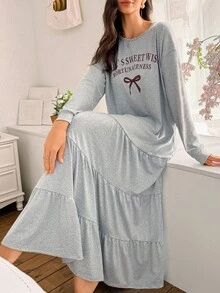 SHEIN Front & Center 休闲字母印花宽松长袖层叠式长款睡裙，秋季女士睡衣连衣裙家居服，冬季家居服连衣裙，宽松睡裙
