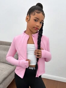 SHEIN Tween Girls' Lightweight Zip-Up Jacket, Breathable Sports Coat For Running, Gym, Yoga, All Season,In Fall/Winter