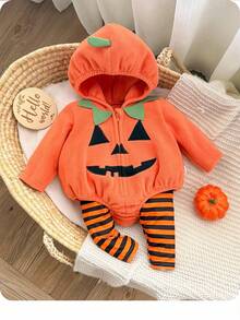 新生女宝宝可爱万圣节卡通图案橙色连帽连体衣套装，南瓜万圣节角色生日派对条纹裤拉链南瓜橙色可爱2件装条纹裤婴儿万圣节南瓜婴儿婴儿南瓜套装万圣节婴儿服装秋季 - 橘色 - 查看 9