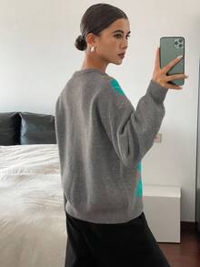 DAZY Suéter holgado de estilo casual de calle con cuello en V, manga larga y estampado de cuadros en contraste para mujer, otoño/invierno