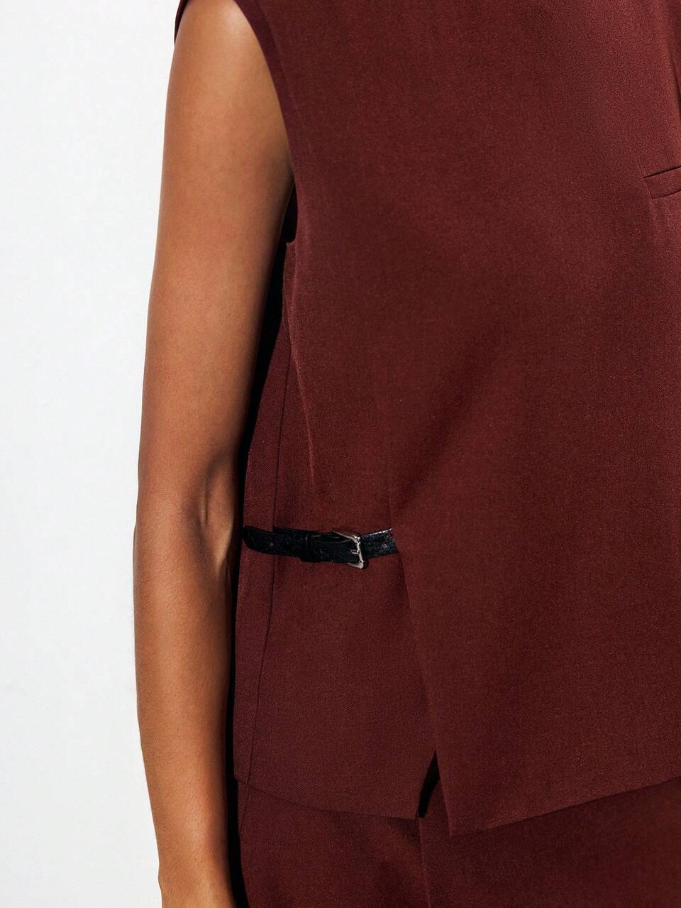 SHEIN Maija Women's Burgundy Summer Chic Office Matching Set,Asymmetric Sleeveless Round Neck Top & A-Line Skirt,Leather Buckle Decor Old Money Style Urban Wear