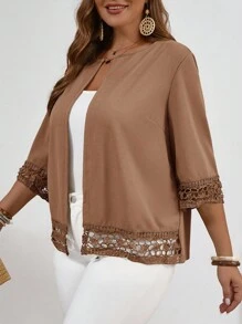 EMERY ROSE Plus Size Women Casual Loose Thin Jacket With Open Front And 3/4 Sleeves,Fall Clothes For Women Winter Autumn - Khaki - View 5