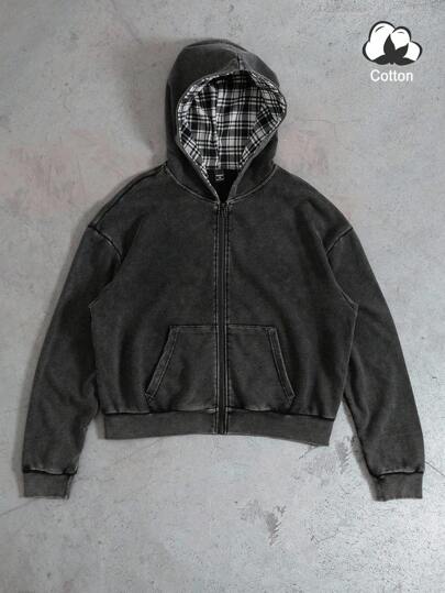 PAVTROS Manfinity Streetrush Men's Y2K INS Fashion Street Style Plaid Patchwork Snowflake Washed Zip-Up Hooded Sweatshirt, Retro Distressed Autumn Hoodie, Versatile Urban, Ideal Gift For Boyfriend, Back To School Essential, Washed Zip Up, Grunge Zip Up Hoodie, Hoodie Jacket, Cotton Hoodie Zip Up, Cropped Men's Zip Up Hoodie