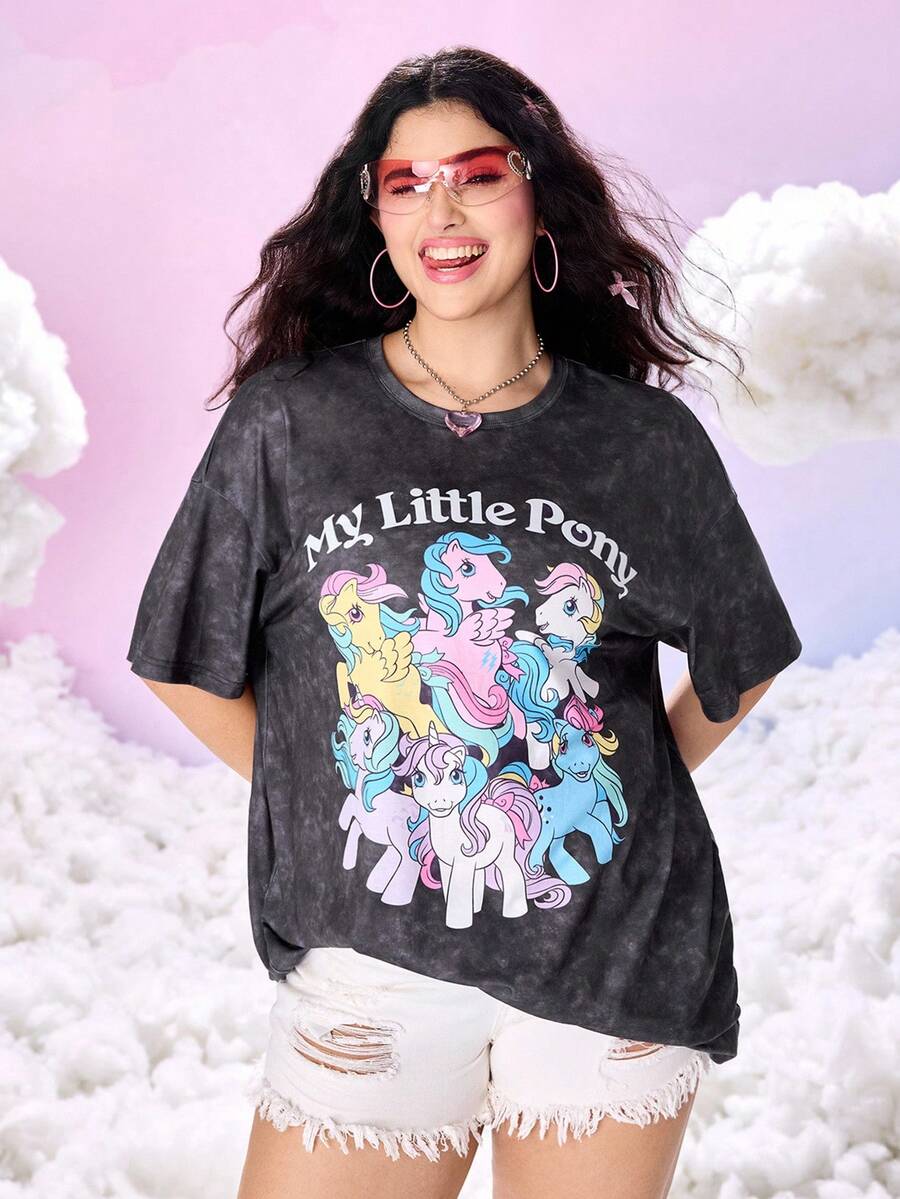 My Little Pony X SHEIN 加大码卡通图案黑色圆领短袖T恤女款图案T恤破洞T恤图案T恤 - 黑色 - 查看 1