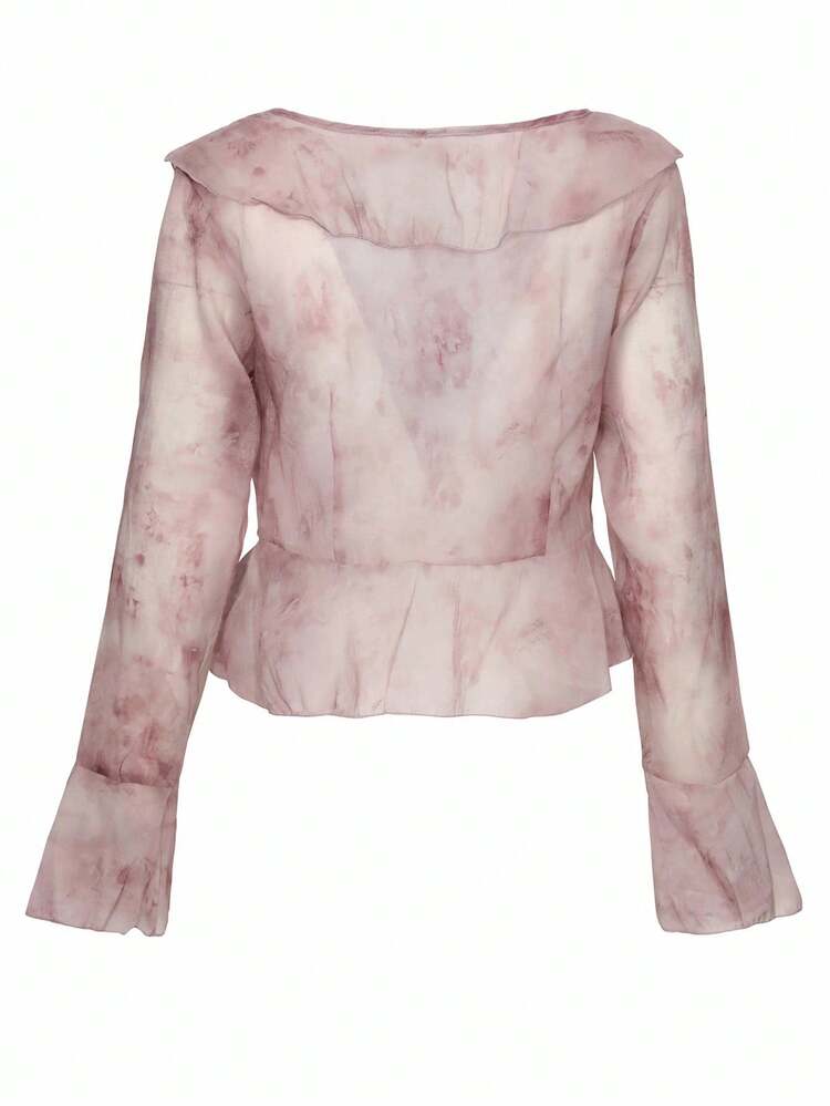 Women's Elegant Floral Printed Ruffle Sleeve Blouse,Fall Women Clothes Long Sleeve Top