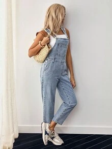 EMERY ROSE Patched Pocket Denim Overalls Without Tee - Light Wash - View 3