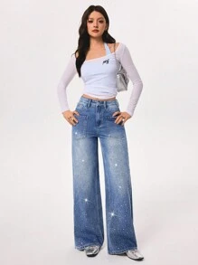Rivivi Fashionable Commuter Washed Rhinestone Embellished Wide Leg Jeans - Light Wash - View 6