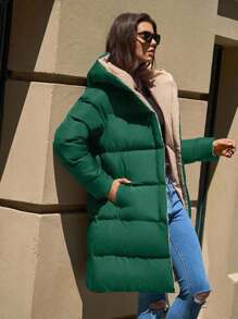 EURMUSE Women's Two-Tone Hooded Pocket Zip-Up Mid-Length Winter Jacket - Green - View 4