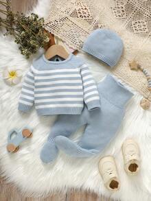 SHEIN 3pcs Newborn Baby Striped Sweater Set, Casual Pullover Sweater, Simple Leggings, And Hat Fall Winter - Green - View 5