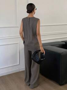 Livesso Bộ 2 món áo không tay và quần ống rộng kẻ sọc mùa hè cho nữ - Xám - Xem 2