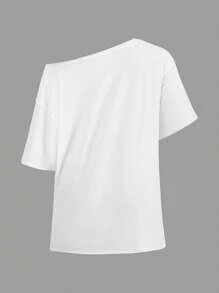 Slaydiva Casual Letter Brain Star Pattern One-Shoulder Loose Short Sleeve T-Shirt For Women, Summer - White - View 2
