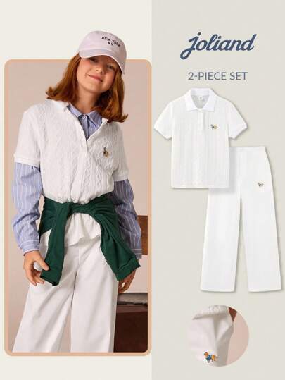 Joliand 2 Pieces Tween Girls Tween Boys Elegant Academic Urban Cute Puppy Decor Polo Shirt & Pants Set, Suitable For Travel, Gatherings, Back To School, Summer And Autumn Boys Summer Outfit Set Boys White Outfit Set Boys Preppy Outfit Kids Cable Knit Polo Shirt Set Boys Embroidered Polo Shirt Set Back To School  School  Clothes School Supplies Back To School  School  Clothes School Supplies Kids Preppy Outfits Boys Summer Outfit Sets Boys Cable Knit Polo Shirt And Pants Set Boys Preppy O ColorfulJoy