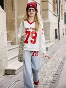 SHEIN Bộ 2 món/Bộ áo thun tay lỡ cổ chữ V in số phong cách đại học thường ngày cho bé gái tuổi teen và quần ống rộng - Nhiều màu - Xem 6
