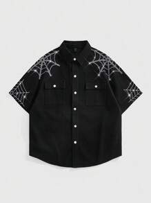 ROMWE MEN Goth Men's Spider Web Embroidered Short Sleeve Single-Breasted Casual Denim Shirt, Halloween - Black - View 1