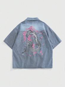 ROMWE MEN Anime Chaqueta vaquera de hombre de ajuste holgado y casual para uso diario - Azul - Ver 1