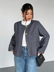 Firerie Plus Size Women's Simple Gray Collarless Commute Daily Minimalist French Elegant Jacket Winter Fall Autumn - Grey - View 6