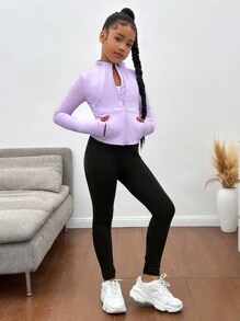 SHEIN Tween 女童轻便拉链夹克，透气运动外套，适合跑步、健身、瑜伽等所有季节穿着 - 淡紫色 - 查看 7