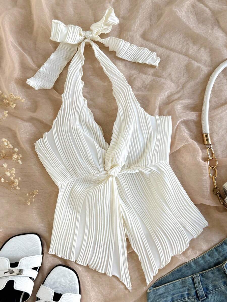 SHEIN Tween Girl Casual Minimalist Comfortable Halter Tie Bow Backless Tank Top - Green - View 1