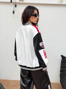 Coolane Women's Fall/Winter Streetwear Blokecore Color-Blocked Letter Pattern Print Baseball Jackets For Back To School - White - View 5