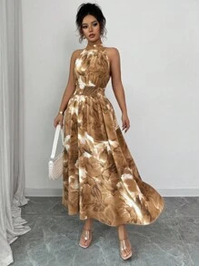 Modelyn Váy chữ A không tay buộc eo in họa tiết tie dye dành cho nữ, màu tím nhạt - Màu Khaki - Xem 1