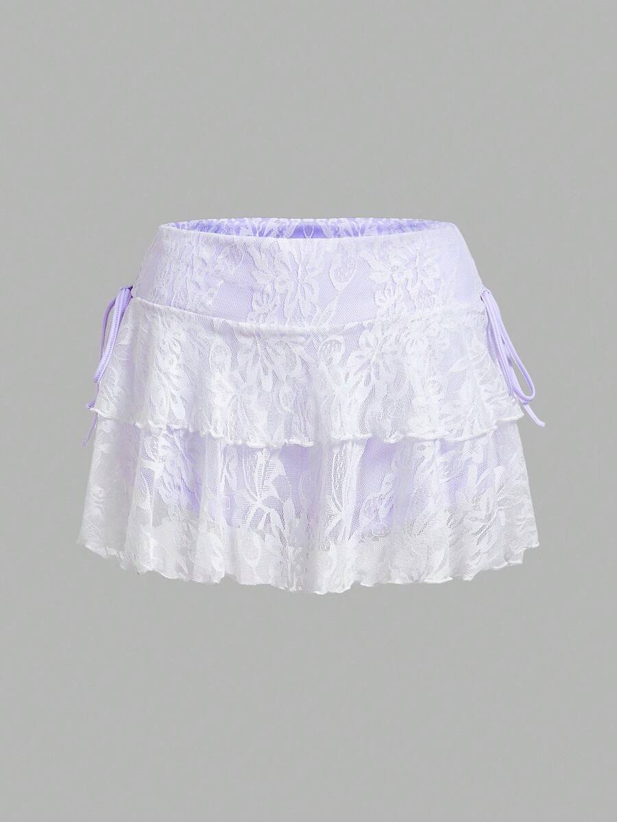 SHEIN MOD 女士休闲低腰抽绳蝴蝶结蕾丝面料双层蛋糕裙，适合日常穿着 - 白色 - 查看 1