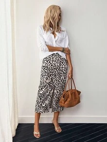 EMERY ROSE Women Leopard Print Slit Skirt, Casual Vacation - Multicolor - View 1