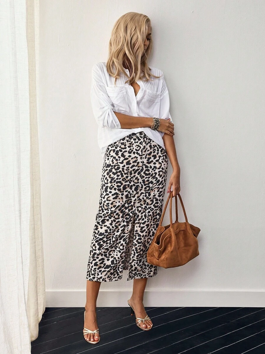 EMERY ROSE Women Leopard Print Slit Skirt, Casual Vacation - Multicolor - View 1