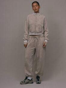 MUSERA Washed Zip Through Jacket Sweatshirt Tracksuit Seam Detail Back To School Autumn Winter Cosy Fall Cute Casual Everyday Capsule Wardrobe Y2K Streetwear Spring Summer Vacation - Brown - View 4