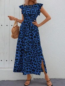 SHEIN Clasi 豹纹荷叶边开叉大腿连衣裙长裙女装夏装蓝色长裙蓝色豹纹长裙豹纹长裙女装夏季长裙动物印花长裙 - 藍色 - 查看 4