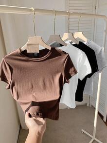 SHEIN Tall CURVE 4pcs/Set Plus Size Solid Color Cropped Round Neck Short Sleeve Fitted Women T-Shirt, Suitable For Summer - Multicolor - View 2