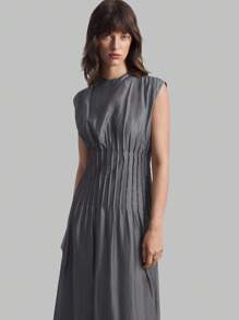 Ontre 2025 New Autumn Women's Elegant Solid Gray Waist Cinched Long Dress, Graceful Dress For Women, Outerwear, Business Casual Vacation Beach Birthday Party Outfit, Teacher Uniform, Office Wear