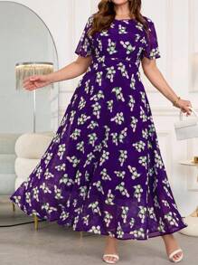 SHEIN Clasi 大码女式花卉印花雪纺长裙、优雅长裙、飘逸连衣裙、短袖连衣裙、户外连衣裙 - 彩色 - 查看 2