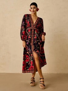 Travachic Váy maxi họa tiết hoa đen đỏ cỡ lớn cho nữ, váy dài tay cổ chữ V, váy mùa thu - màu đen - Xem 4