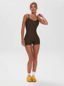 Musera Sport 细肩带运动连体衣，适合运动健身、板式网球、网球、匹克球、瑜伽、普拉提、秋季日常休闲穿着。 - 巧克力棕 - 查看 5