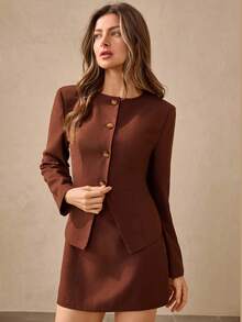 Wildy 女式纯色圆领长袖单排扣夹克和中长裙优雅两件套 - 酒紅色 - 查看 2