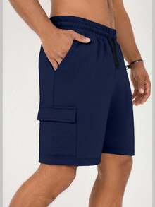 EURMUSE Men Cargo Pocket Drawstring Elastic Waist Regular Short - Navy Blue - View 5