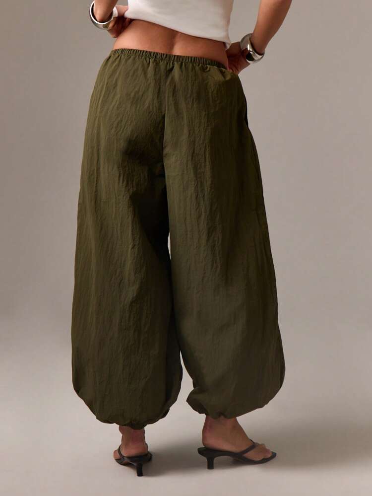 Linen Feel Parachute Pants With Elastic Waist And Pockets