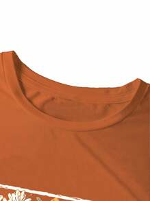 EMERY ROSE Halloween Pumpkin And Flower Print Plus Size T-Shirt - Brown - View 4